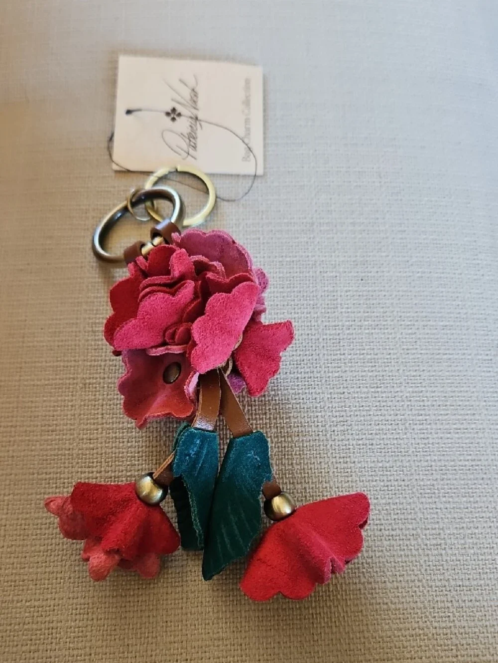 Patricia Nash Red Floral Leather Key Ring And Purse Charm with Green Leaves